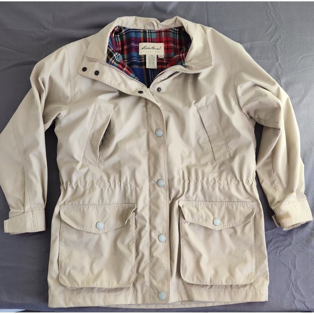 Eddie Bauer Tan Utility Field Jacket Plaid Lined Womens Medium‎ Beige Cargo Coat
